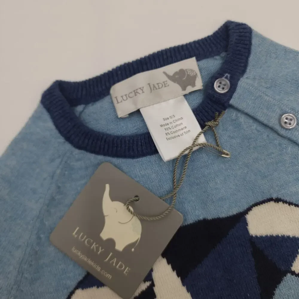 Lucky Jade Geometric Elephant Coverall Cashmere Cotton Bodysuit Blue Size 0/3